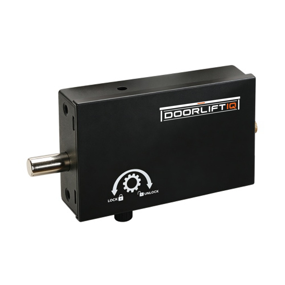 DoorLiftIQ automatic wireless slide lock, angled view