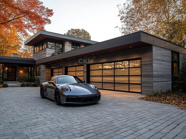 Modern home with smart garage doors and sports car in the driveway
