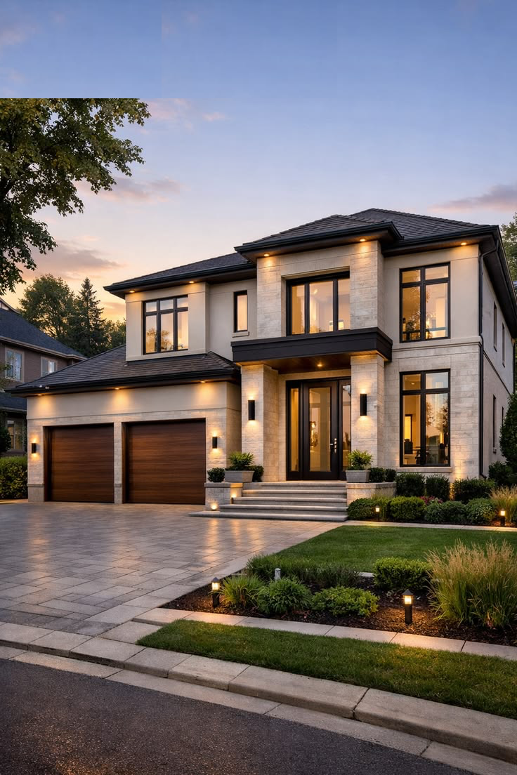 Luxury modern home exterior with garage doors