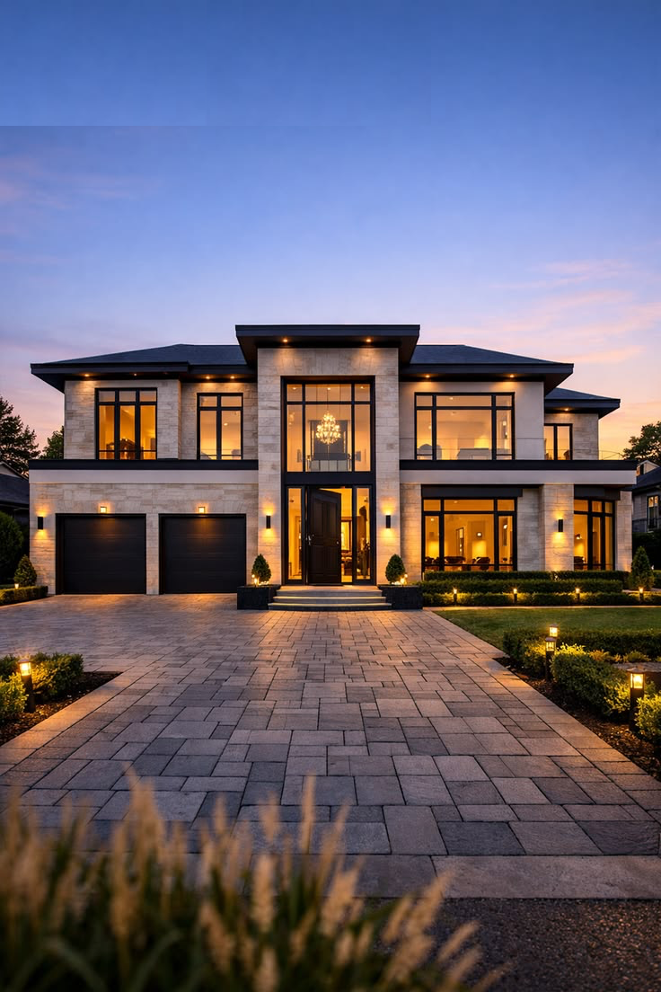 Luxury modern home with garage doors at dusk